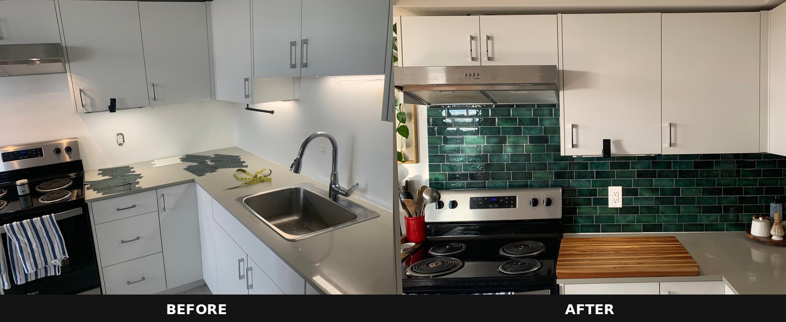 Side-by-side of the full L-shaped kitchen. Left: bare white walls with loose green tiles scattered on the counter during install. Right: completed dark green subway tile backsplash across both walls, electric coil stove on the left and stainless sink on the right.