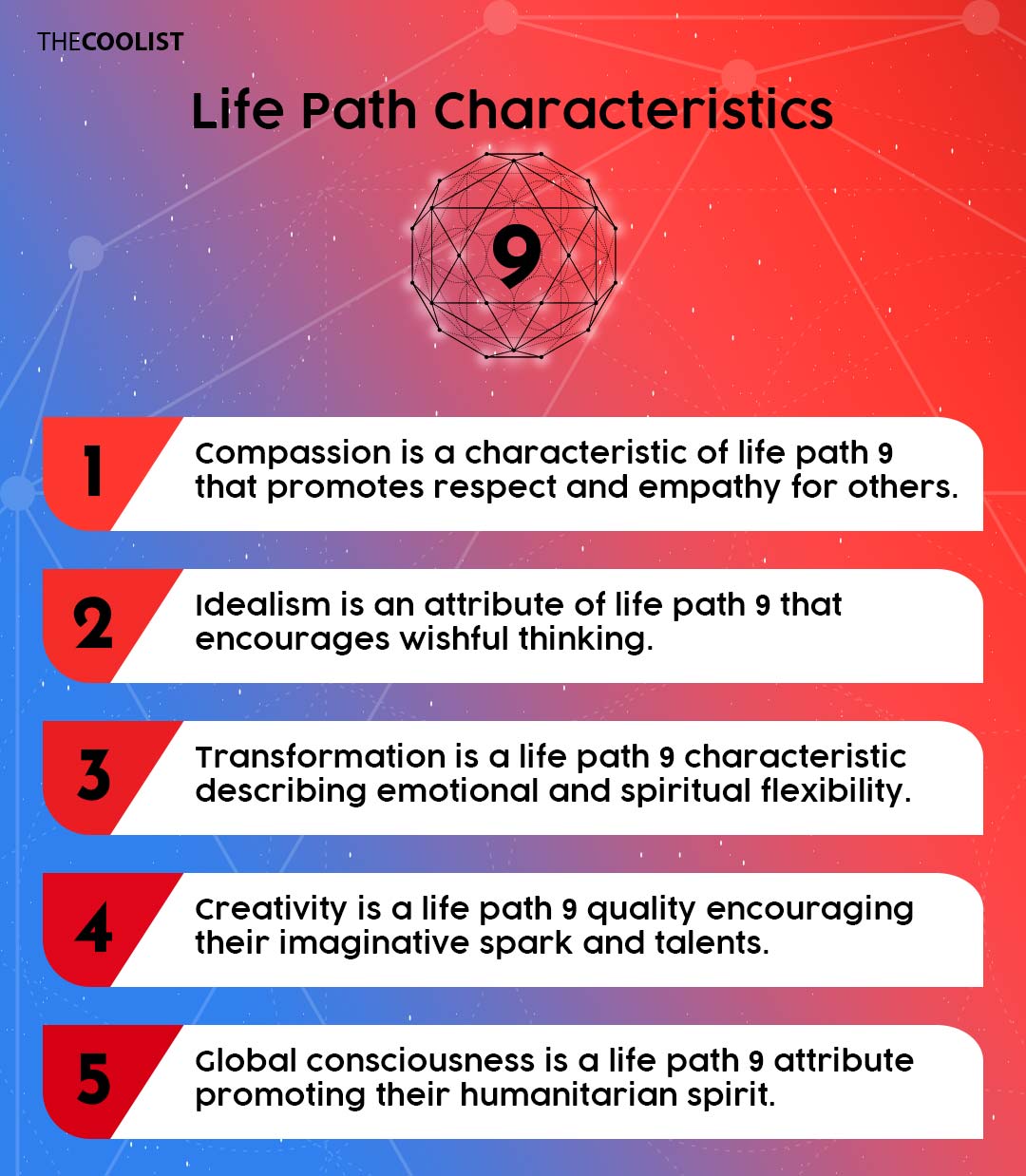 Infographic for the characteristics of life path 9